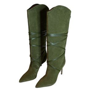 Schutz Maryana Women's Lace Up Tall Heeled Boots Olive Green S 7 NWOB
